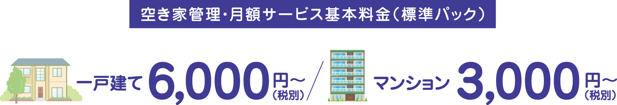 空き家管理・月額サービス基本料金 一戸建て9,000円~/マンション5,000円~